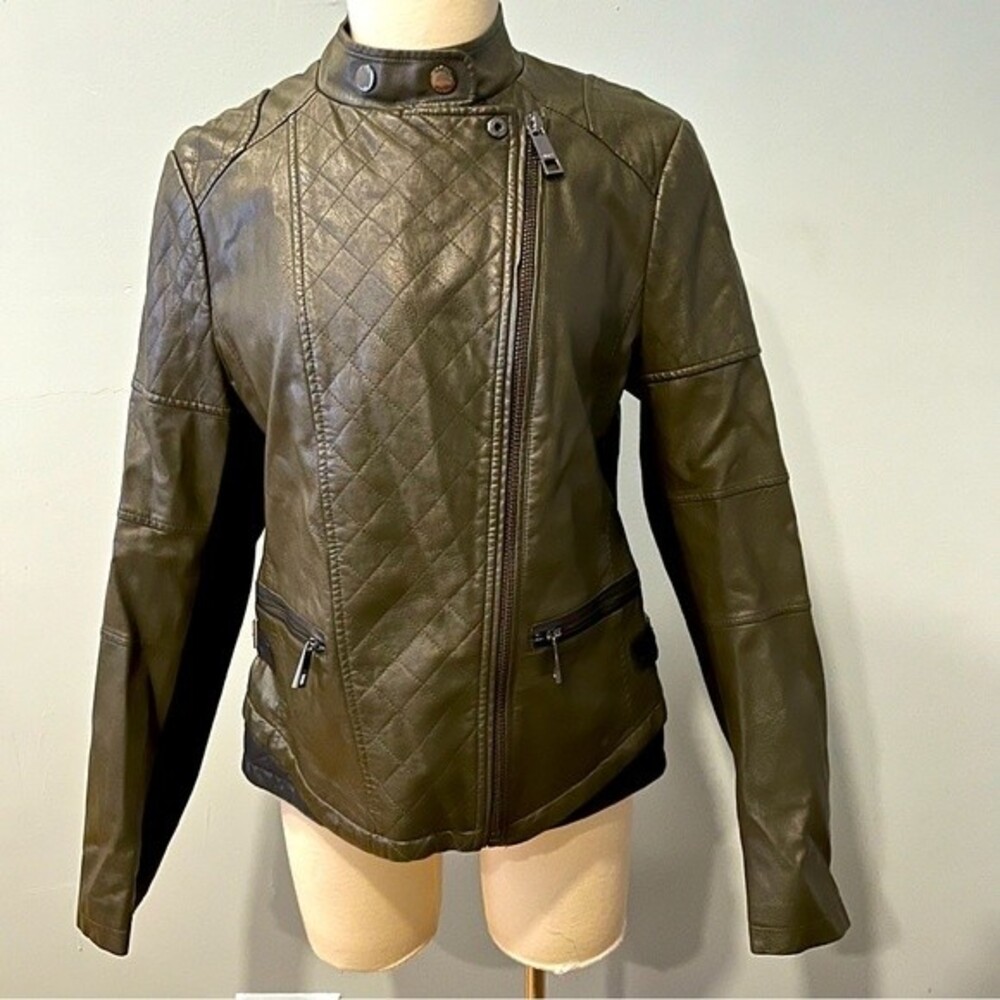 Guess Brown Faux Leather Moto Zip Up Jacket Size Large